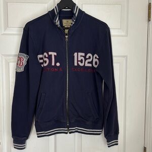 BERETTA navy blue zip up athletic bomber jacket mock neck patches embroidered